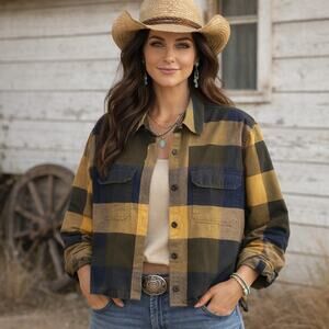 C&B Women’s Button Down Boxy Plaid Boho Western Country Large